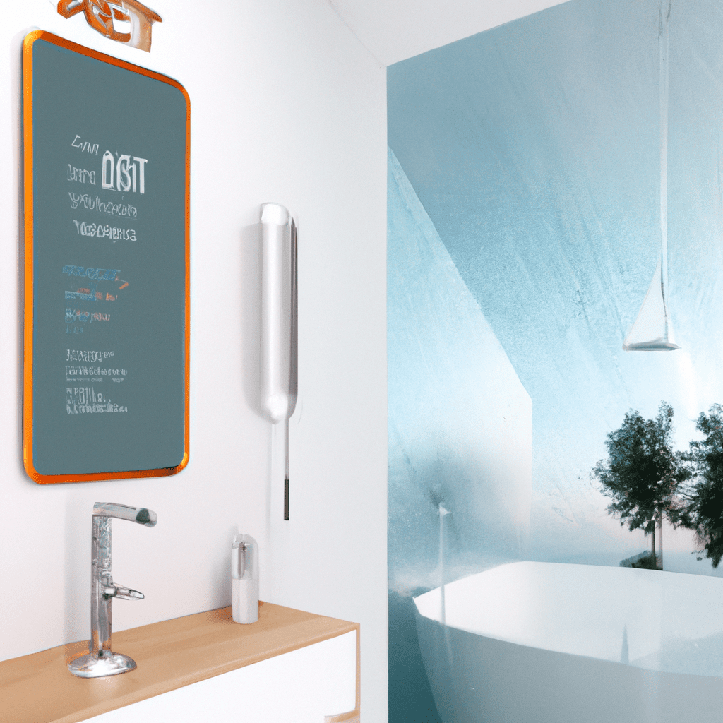 An image showcasing the BYECOLD Smart Mirror in a sleek bathroom setting, reflecting a user checking the weather forecast on its crystal-clear surface, surrounded by modern fixtures and elegant décor
