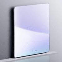 An image showcasing the sleek, frameless design of the Capstone Connected ThinCast Touchscreen Smart Mirror, with a reflection capturing its smooth, high-resolution display and intuitive user interface