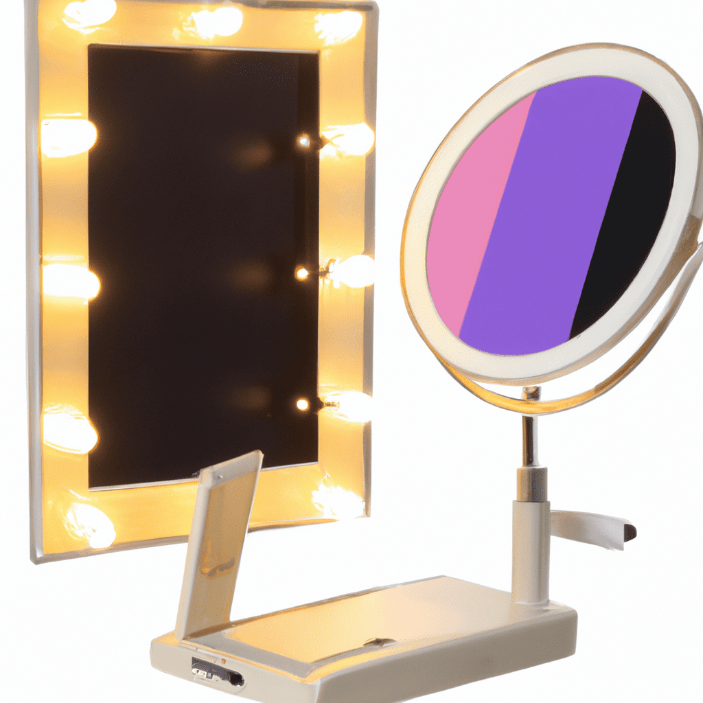 An image showcasing the Glamcor Riki Skinny Smart Vanity Mirror in action, with its powerful LED lights illuminating a flawless makeup application