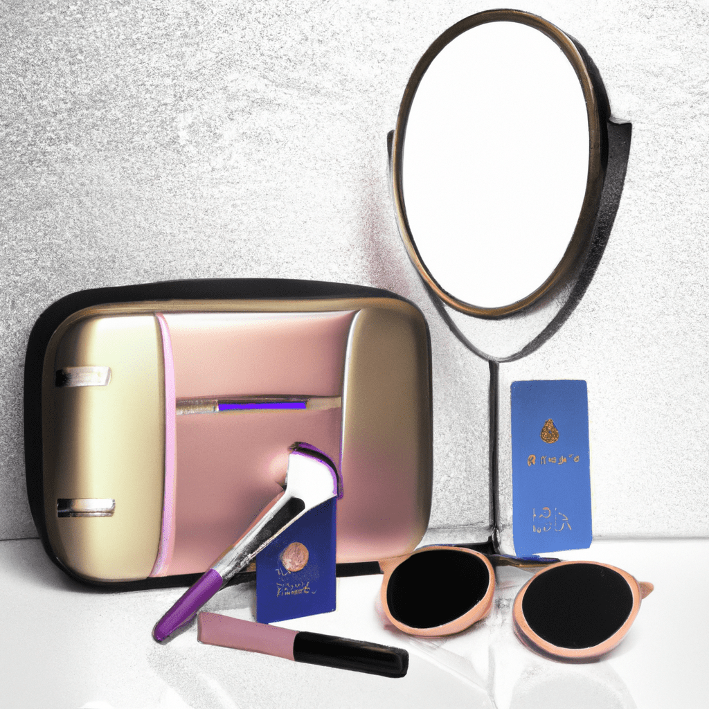 An image showcasing the Glamcor Riki Skinny Smart Vanity Mirror effortlessly fitting into a stylish travel bag, accompanied by a passport, sunglasses, and a compact makeup palette, capturing its unrivaled portability and travel-friendly design