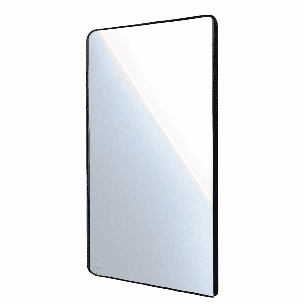 An image of the Homewerks 75-105-AX Smart LED Mirror showcasing its sleek, frameless design, touch-sensitive controls, adjustable brightness, color-changing LED lights, and built-in Bluetooth speaker