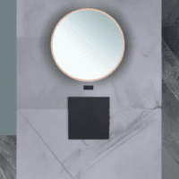 An image showcasing the sleek Homewerks 75-105-AX Smart LED Mirror, reflecting a modern bathroom