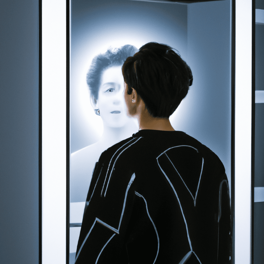 An image showcasing a person standing in front of the Homewerks 75-105-AX Smart LED Mirror, mesmerized by its illuminated reflection, demonstrating the seamless user experience and its transformative effect on daily routines