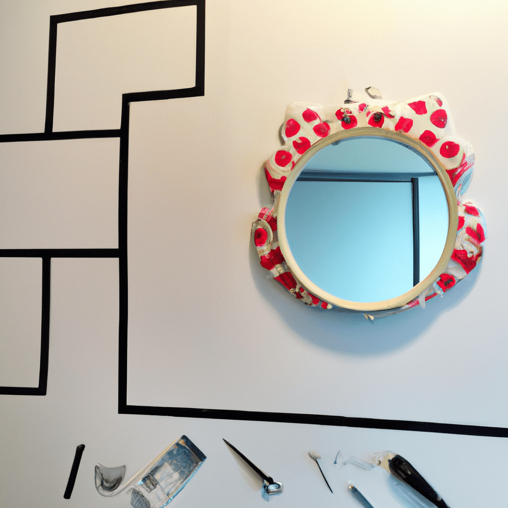 An image capturing the step-by-step installation process of the Impressions Vanity Hello Kitty Wall Mirror, showcasing the mirror being mounted securely on the wall, with tools and hardware neatly arranged nearby