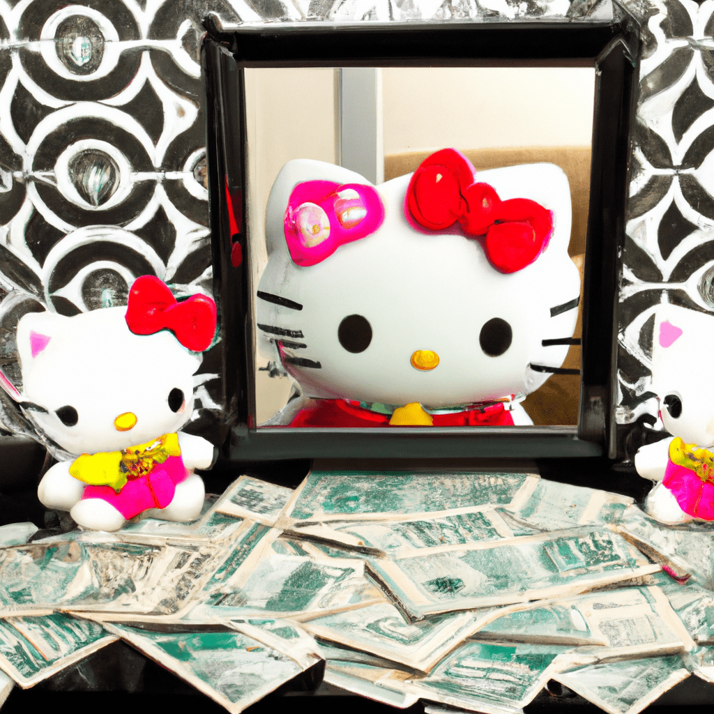 An image showcasing the Impressions Vanity Hello Kitty Wall Mirror surrounded by a stack of dollar bills, reflecting a room filled with luxurious items, representing the exceptional value for money this product offers