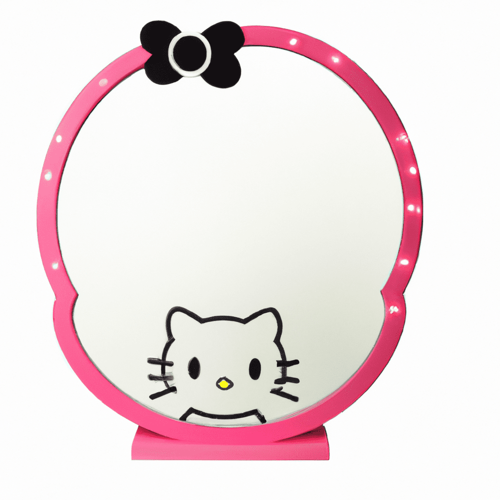 An image showcasing the sleek, pink Impressions Vanity Hello Kitty Wall Mirror, featuring a large, illuminated mirror with a whimsical Hello Kitty silhouette border, surrounded by built-in LED lights for flawless makeup application