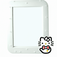 An image showcasing the Impressions Vanity Hello Kitty Wall Mirror - a sleek, white, rectangular mirror adorned with adorable Hello Kitty motifs, featuring LED lights framing the mirror and a touch sensor for adjustable brightness