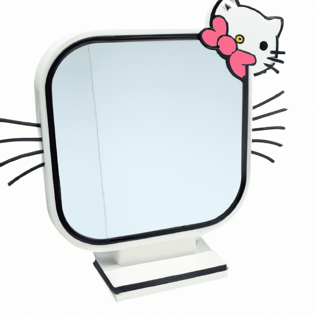 An image showcasing a user admiring their reflection in the Impressions Vanity Hello Kitty Wall Mirror, highlighting the mirror's sleek design, clear reflection, and adjustable LED lighting for an enhanced user experience