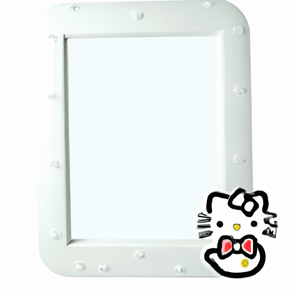 An image showcasing the Impressions Vanity Hello Kitty Wall Mirror - a sleek, white, rectangular mirror adorned with adorable Hello Kitty motifs, featuring LED lights framing the mirror and a touch sensor for adjustable brightness