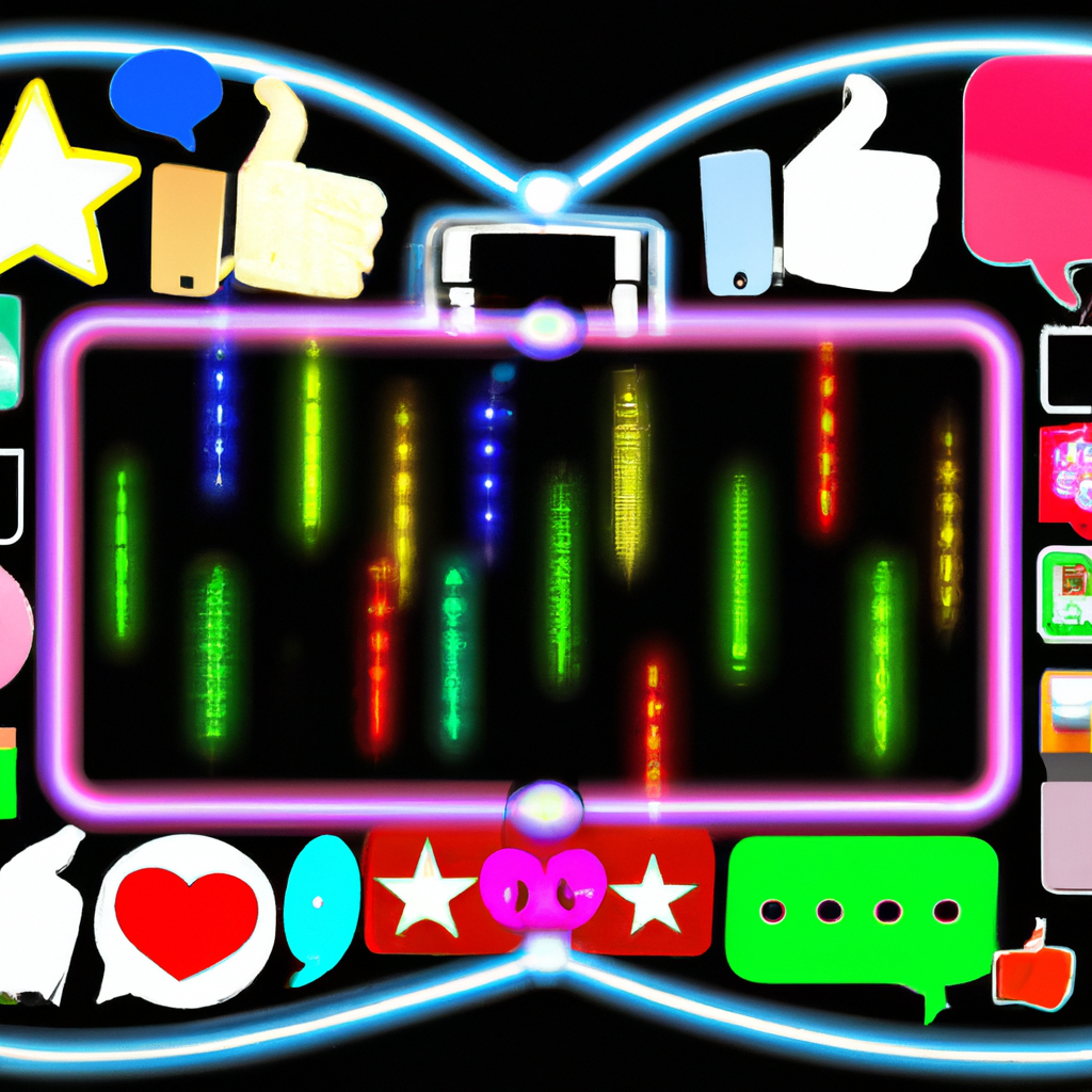 An image showcasing a 48x32 ODDSAN LED Lighted Mirror, surrounded by a collage of diverse customer feedback symbols, including stars, thumbs up, hearts, and speech bubbles, exemplifying the power of positive reviews